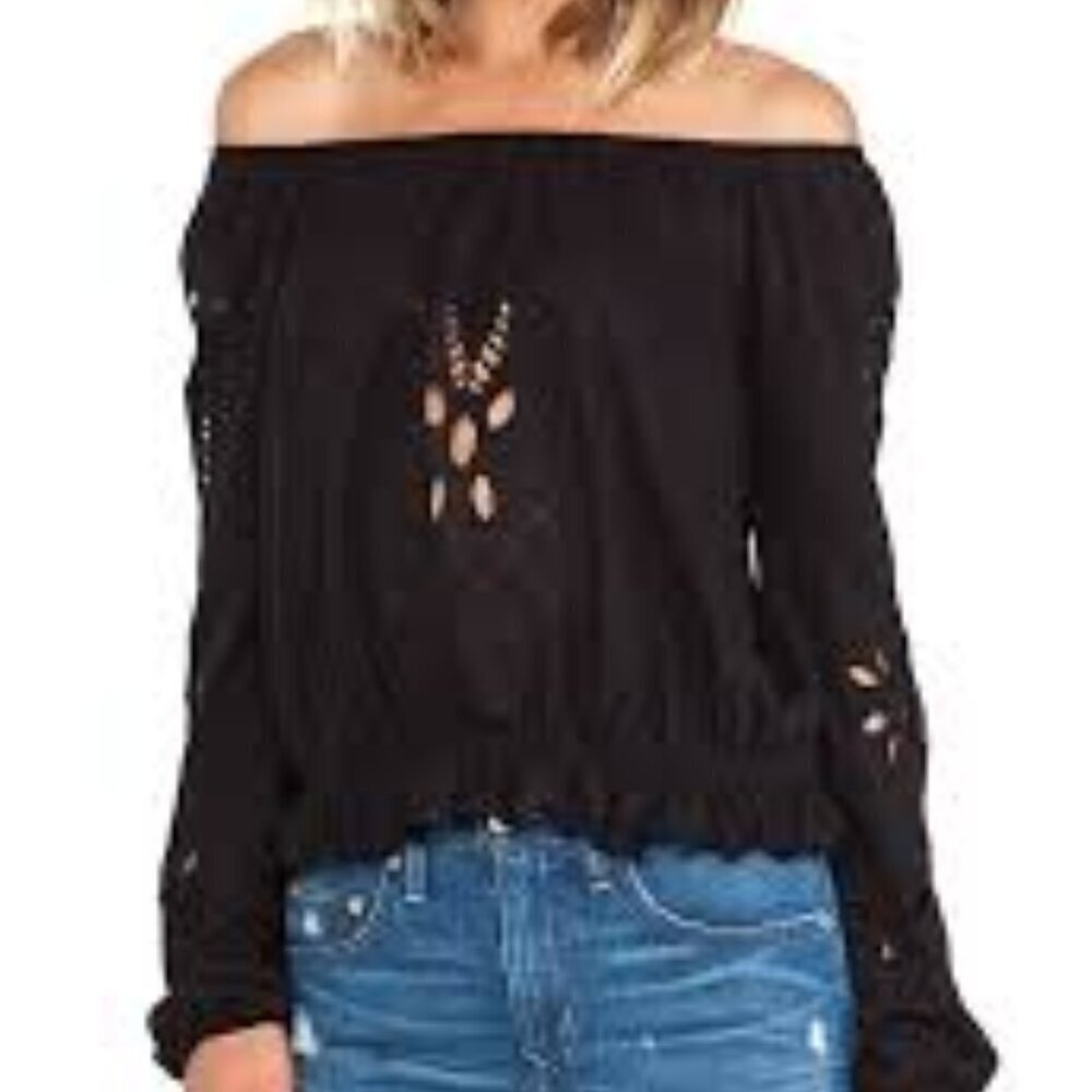 Free People FPX Jewel Top Black Long Sleeve Blouse Size S